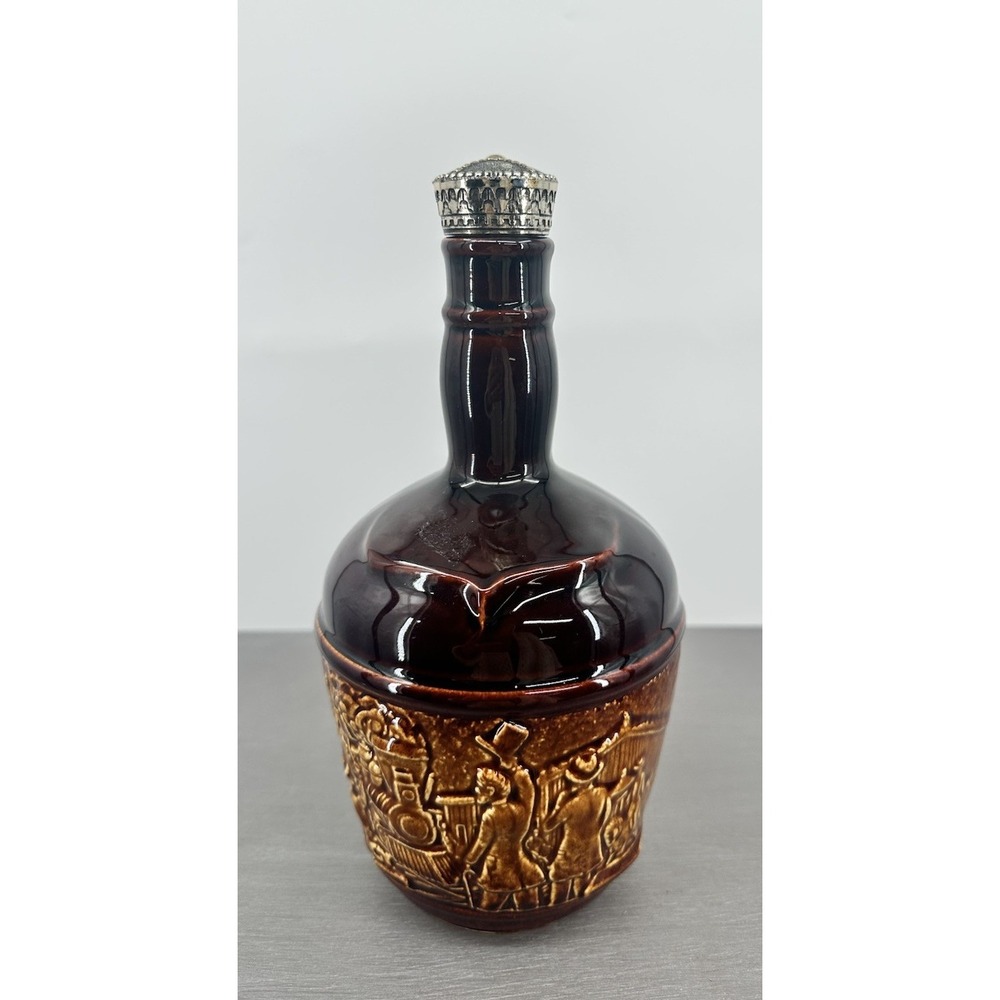 Vintage Kentucky Empty Whiskey Bottle with Bas Relief Pottery Locomotive Scene